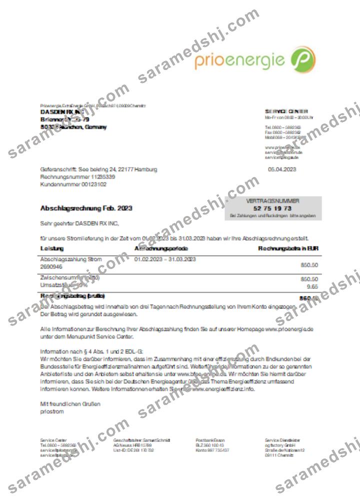 Prioenergie proof of address utility business bill,  SCR